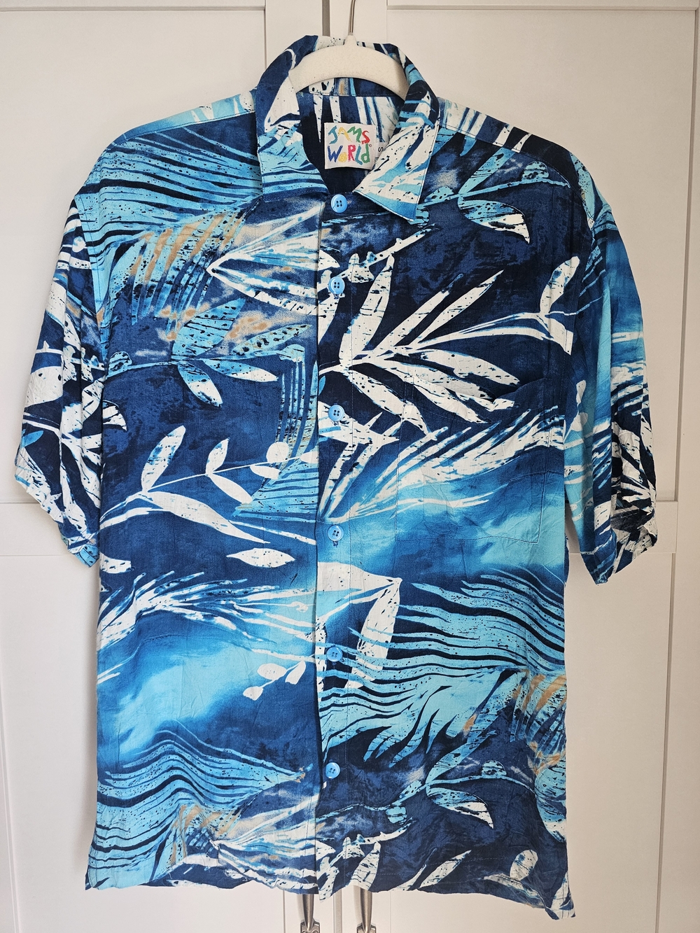 Vintage Jams World "Ferns" Hawaiian Aloha Shirt Mens S Blue Rayon Made in USA